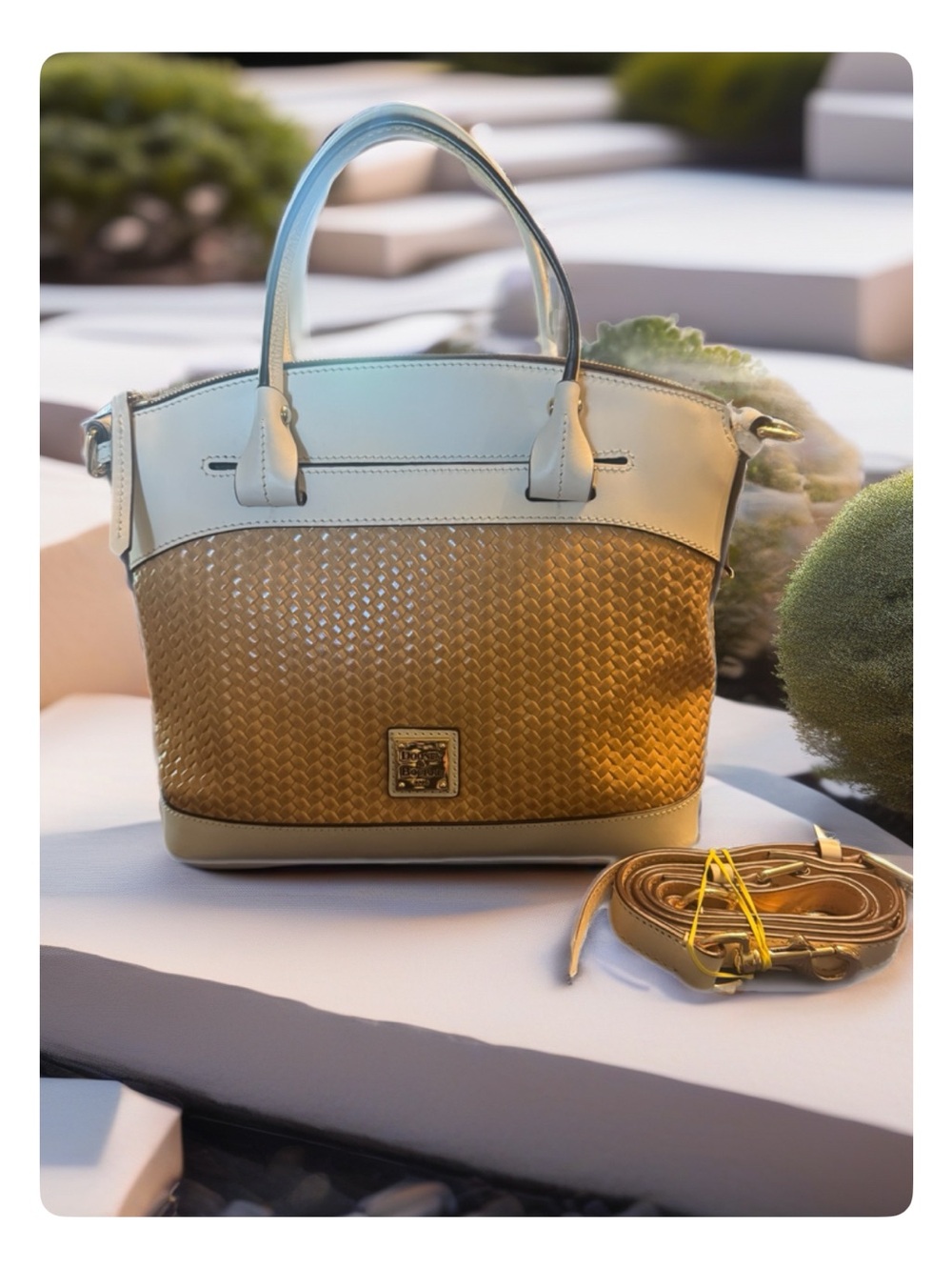 Dooney & Bourke Two-Tone Woven Tote in Tan & Cream Satchel